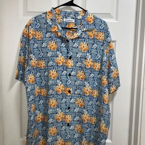 Caribbean Mens Button Down Shirt Blue Orange Short Sleeve Hawaiian‎ Aloha L